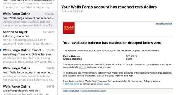 Screenshot of Wells Fargo email indicating the $22K removed from Sabrina's account.