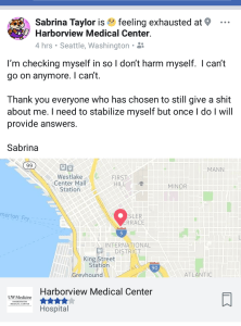 May 29th post where Sabrina claimed to check herself in. People called. No such person there. She also continued to repost articles and such on facebook after check-in. That's just not how checking into Psych works. You have to give up your phone.